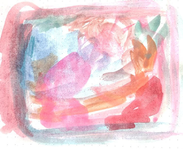 Blossom: pinks with blue and tangerine. Watercolour by Zeynep Özdem Sözmen.