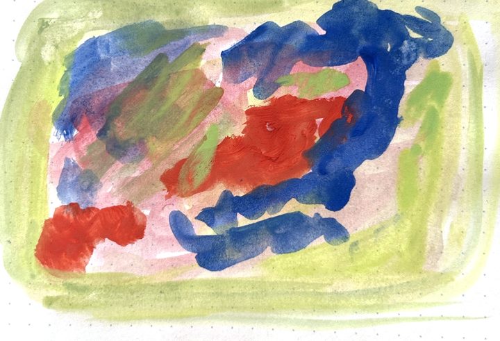 Kite: cobalt and red in a lime frame. Watercolour by Zeynep Özdem Sözmen.